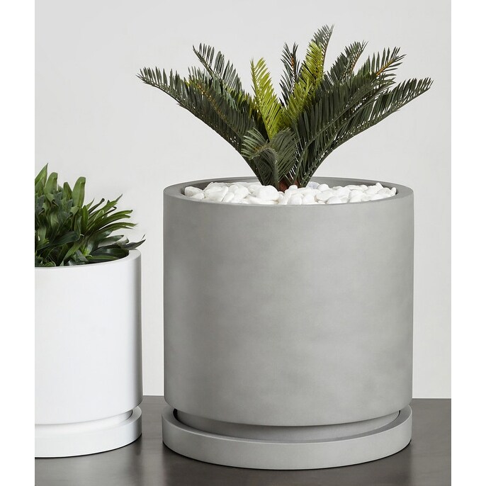 Indoor/Outdoor Large 1 Piece Nordic Minimalist Fiberstone Lightweight Round Planter Pot With Saucer   15  11 inch Matte Finish