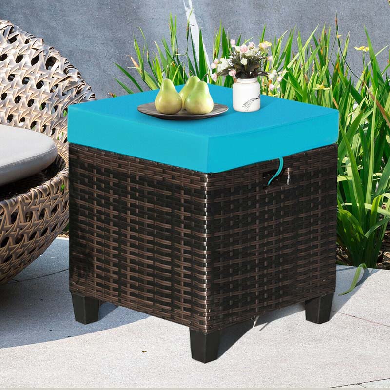 2 Pcs Rattan Patio Ottoman Set with Removable Cushions, All Weather Wicker Outdoor Footstool Footrest Seat