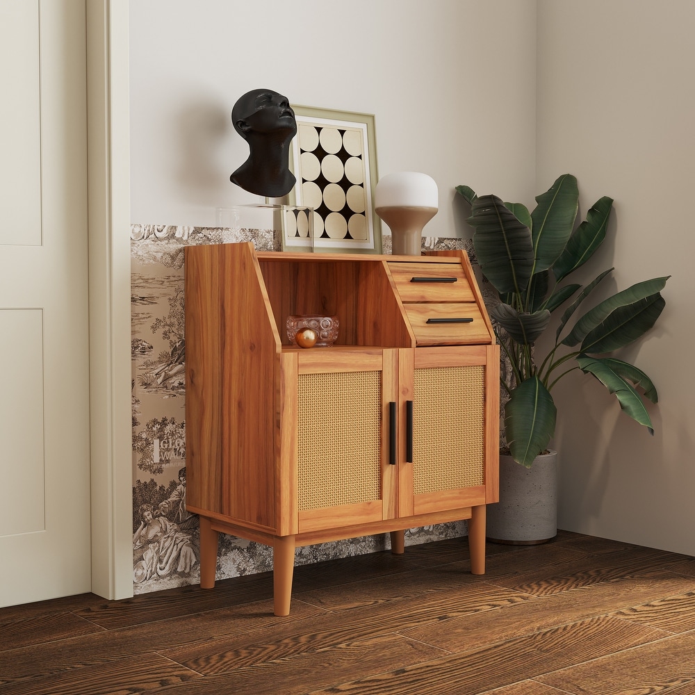 Farmhouse Sideboard Buffet Accent Storage Cabinet  with Rattan Doors and drawers