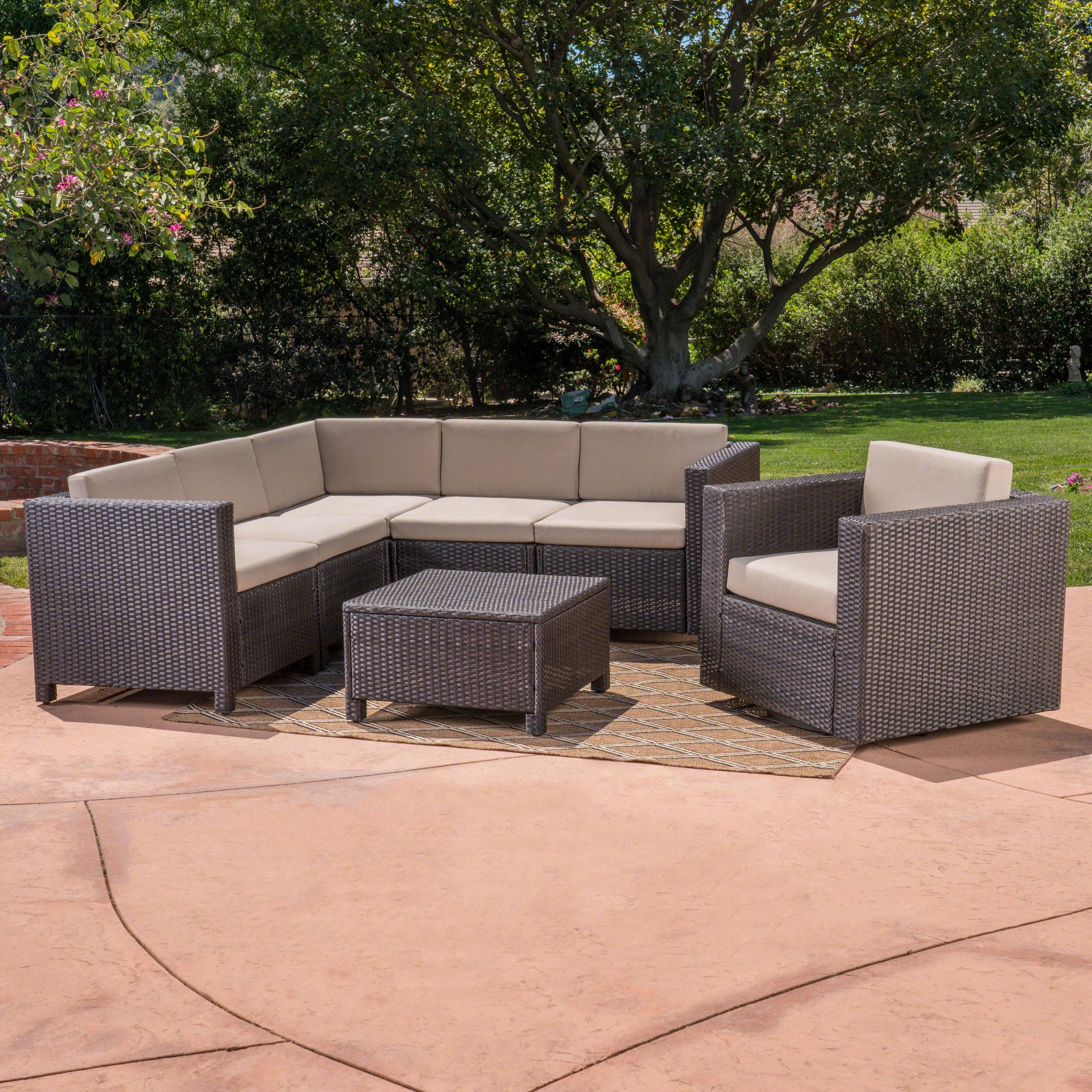 Phillips Outdoor 6 Seater Wicker V-Shaped Sofa and Swivel Chair Set with Water Resistant Cushions