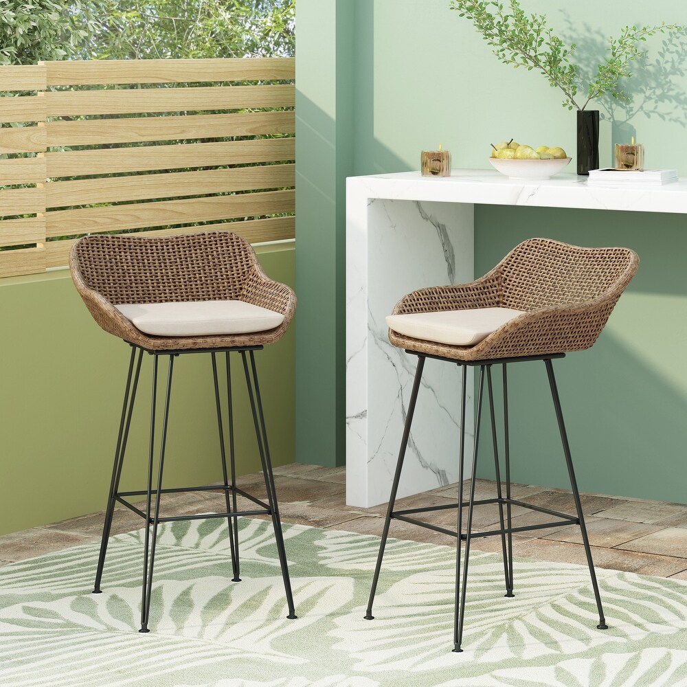 Kevin Outdoor Wicker and Iron Barstool (Set of 2) by Christopher Knight Home