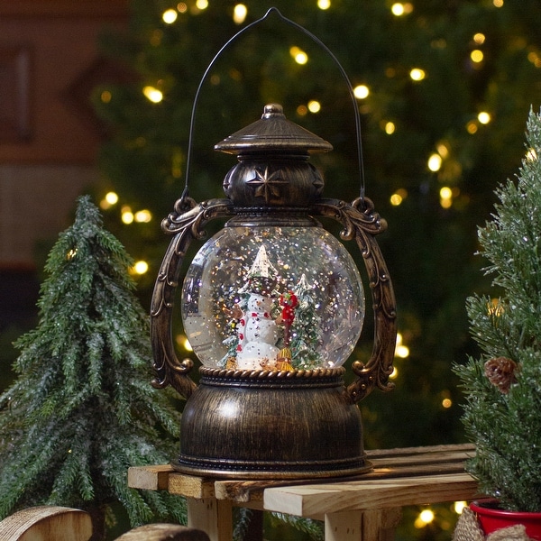 8Inch Black with Brushed Gold LED Snowman and Christmas Trees Snow Globe Lantern