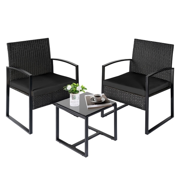 3 Piece Patio Bistro Set Outdoor Furniture Set with Glass Table，Rattan Conversation Sets for Porch Garden Balcony