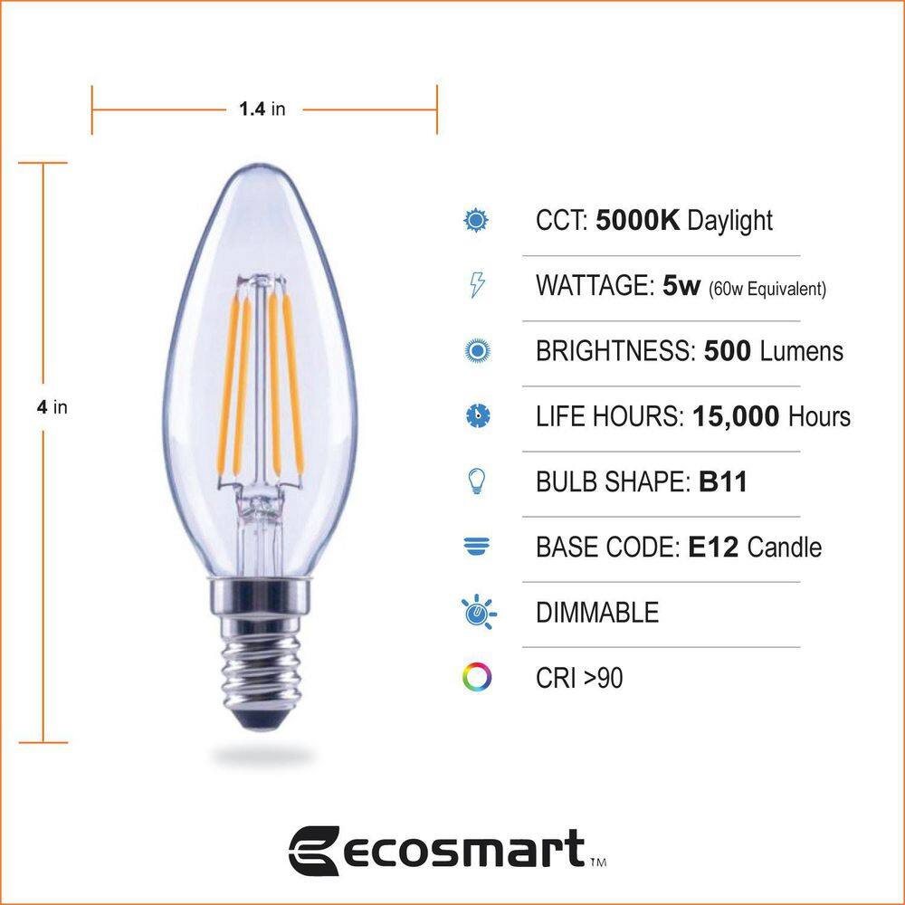 EcoSmart 60-Watt Equivalent B11 Dimmable E12 Candelabra ENERGY STAR Clear Glass LED Vintage Edison Light Bulb Daylight (3-Pack) FG-04077