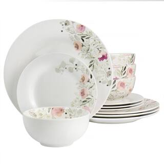 GIBSON HOME Lily Garden Ceramic 12-Piece White and Pink Dinnerware Set 985117628M