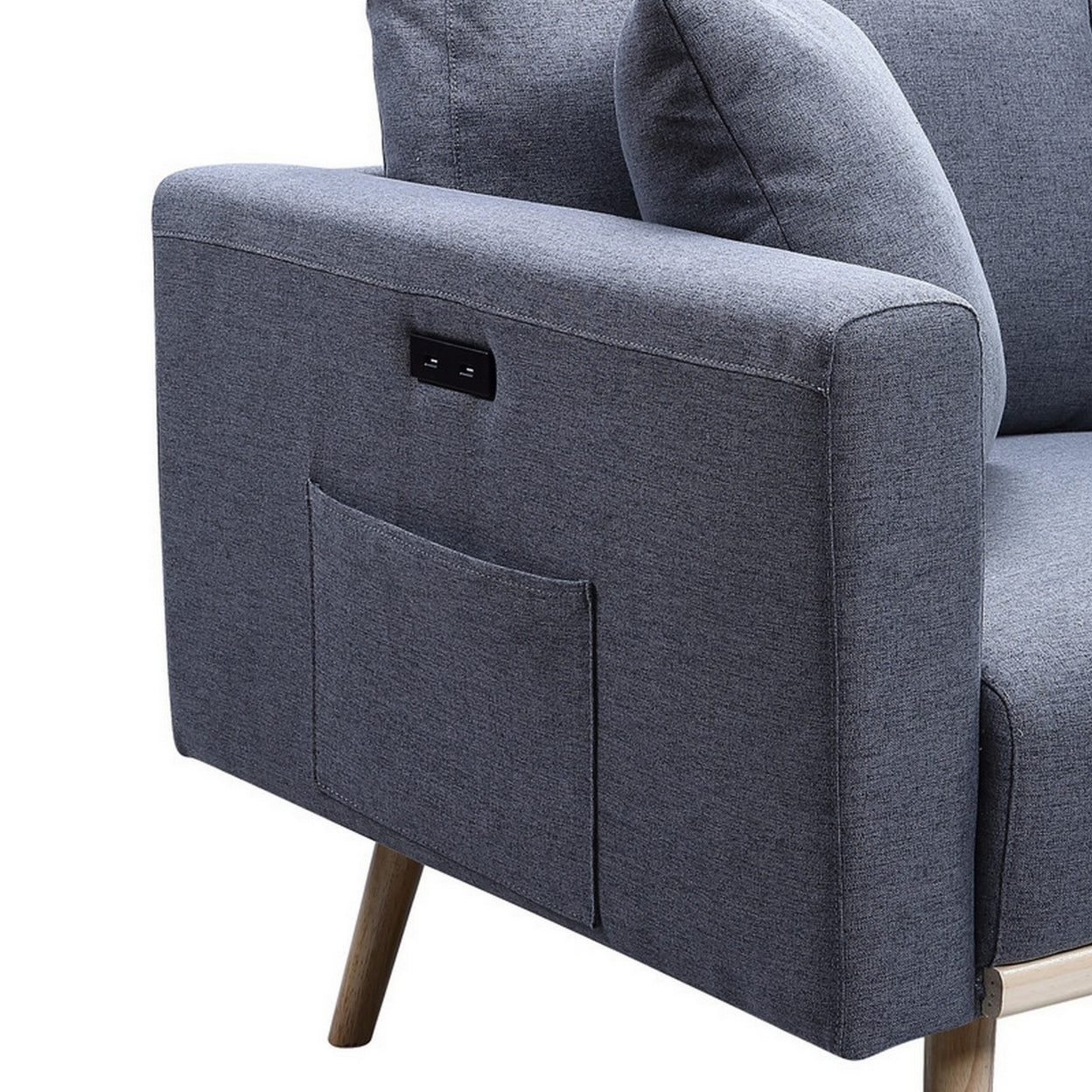 Mico 33 Inch Modern Sofa Chair with USB Ports and Pocket, Dark Gray Fabric- Saltoro Sherpi