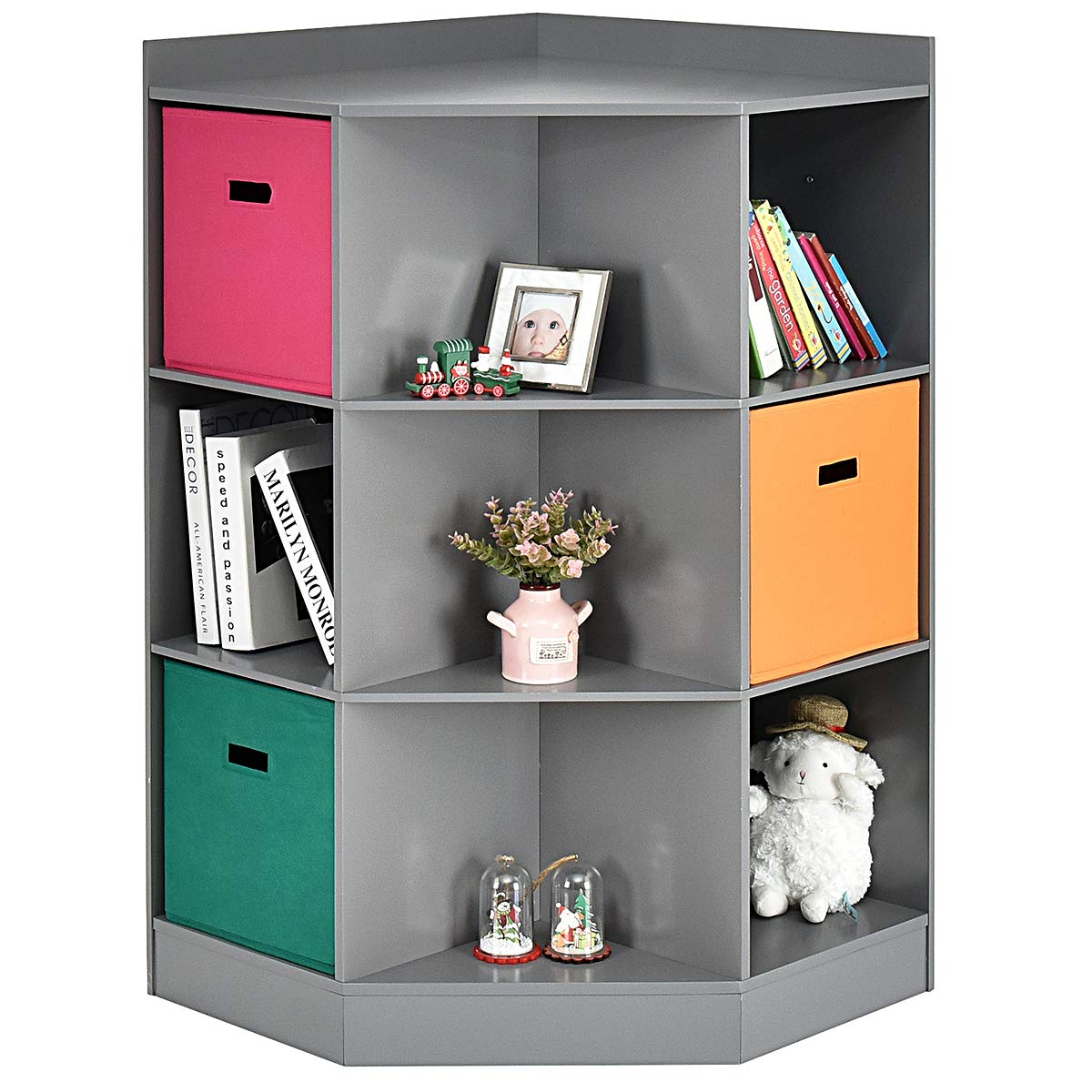 Costzon Children's Corner Cabinet with 6 Cubes and 3 Shelves