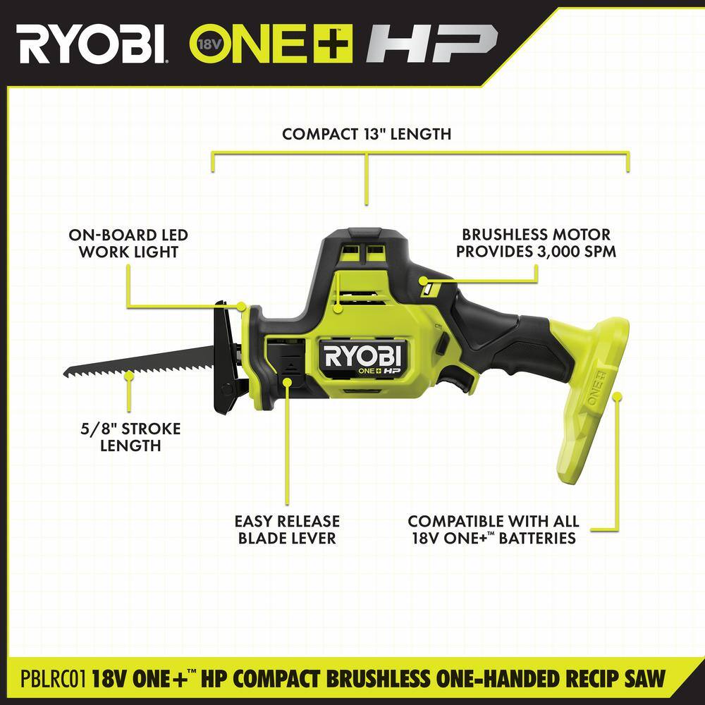 RYOBI ONE+ HP 18V Brushless Cordless Compact One-Handed Reciprocating Saw (Tool Only) w Reciprocating Saw Blade Set (35Piece) PSBRS01B-A233501