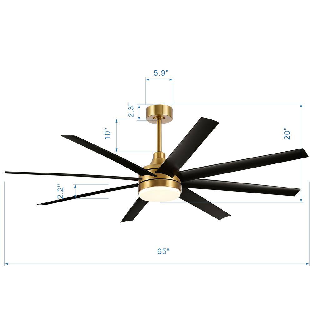 Breezary Archer 65 in. Integrated LED Indoor Black-Blades Gold Ceiling Fan with Light and Remote Control Included 23012-BLK