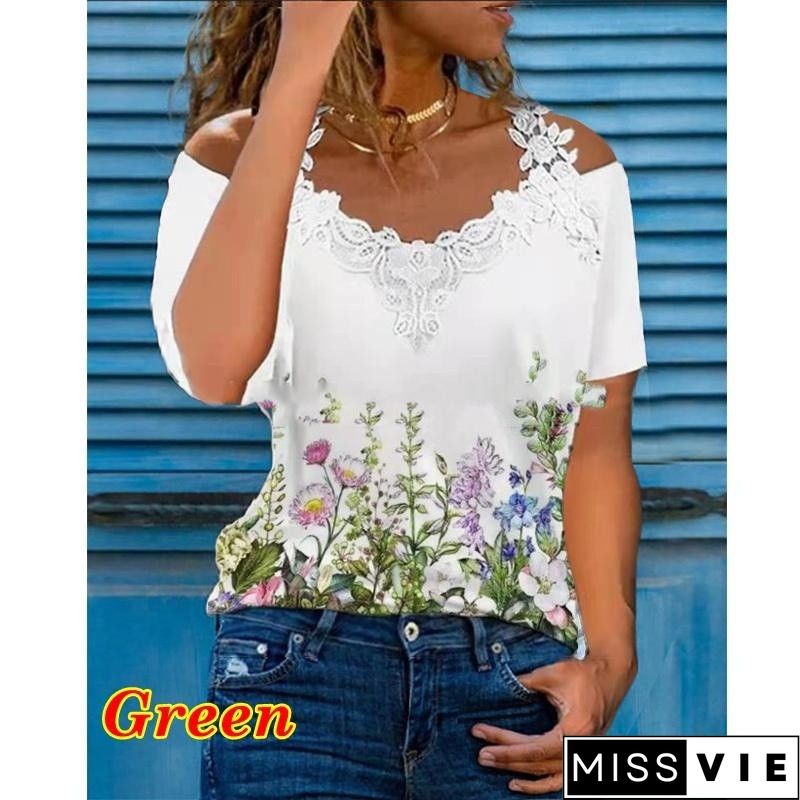 Casual Floral Short Sleeve V Neck Plus Size Printed Tops T-shirts