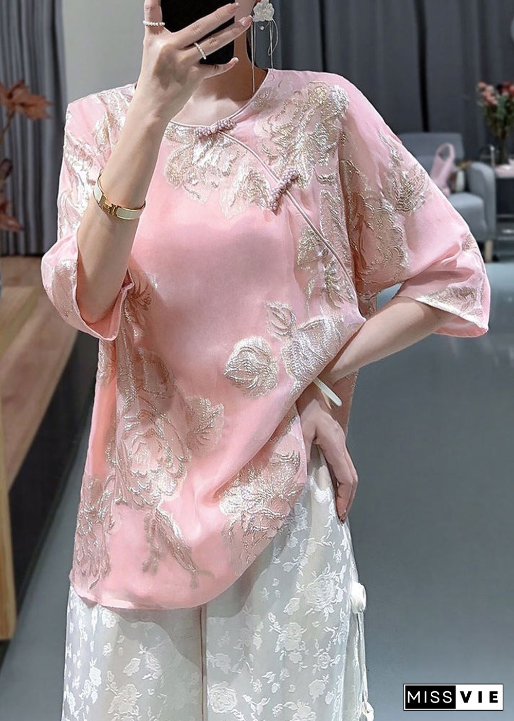 Chic Pink O-Neck Embroideried Button Silk Shirts Bracelet Sleeve