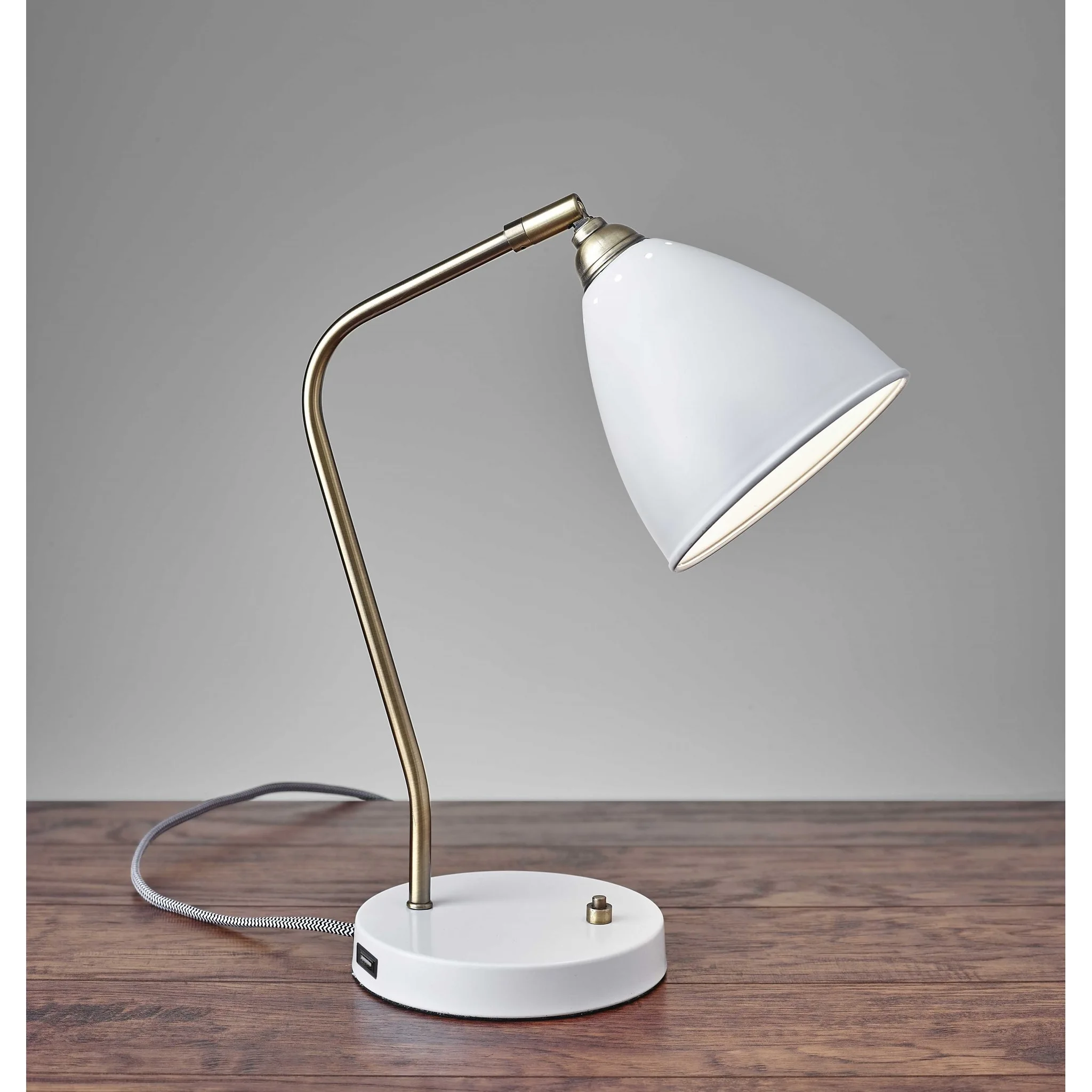 White Metal and Antique Brass Adjustable USB Port Desk Lamp - 6.25 x 12.75 x 21