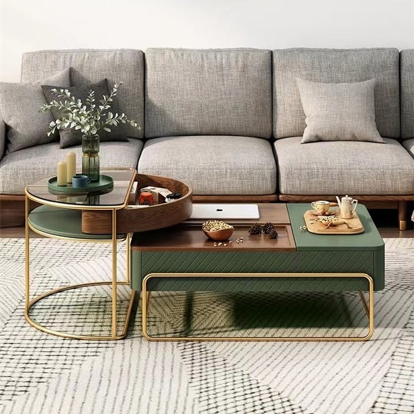 Lift-top Modern Nesting Coffee Table Set with Drawer， Tempered Glass Top Side Table