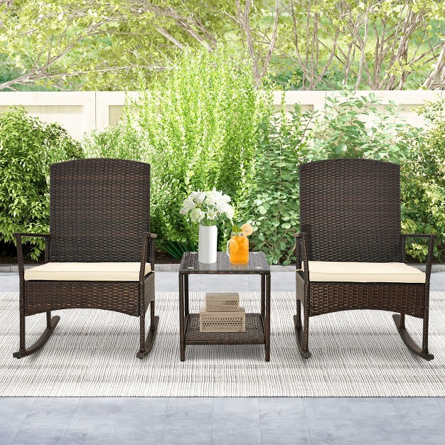 Tangkula 3 Pieces Rocking Wicker Bistro Set Outdoor Front Porch Rocker Chairs Conversation Set