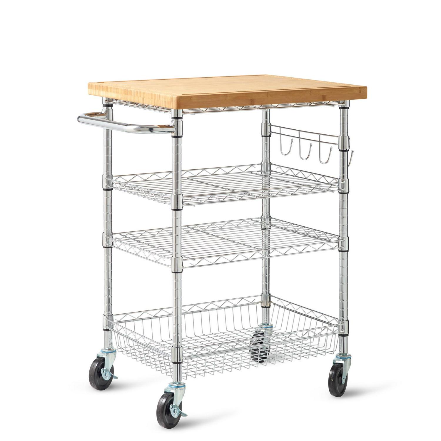 HSS 4 Tier Wire Shelf Cart with Bamboo Top Freestanding， 30.5 W x 22 D x 36.5 H， Chrome