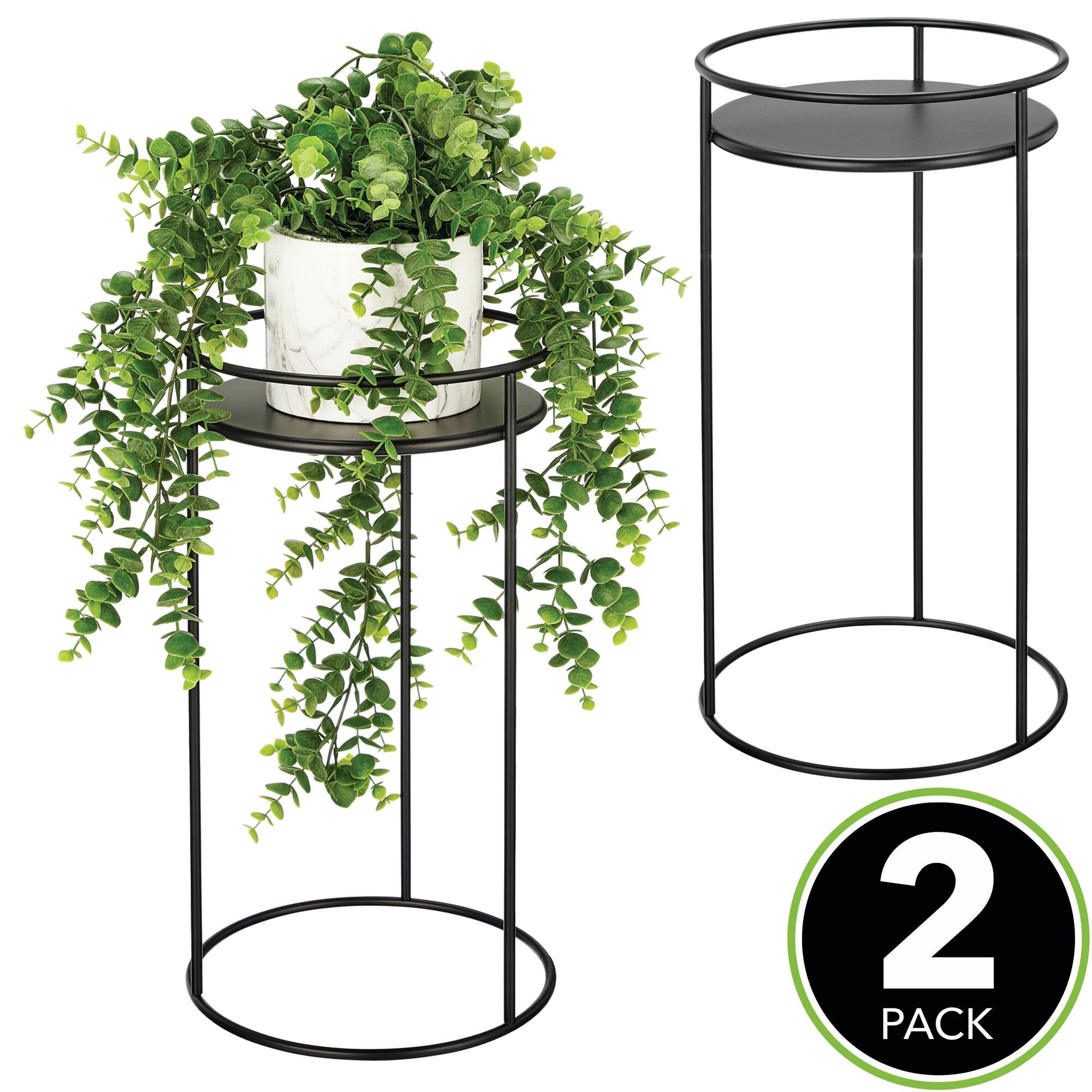 mDesign Metal 15-Inch Tall Circular Plant Stand, Planter Holder Contemporary Design Round Tray for Table, Garden; Holds Indoor/Outdoor Plants, Flower Pot - Concerto Collection - 2 Pack - Matte Black