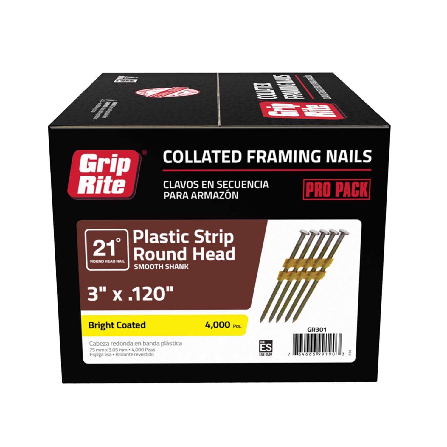 Grip-Rite 3 in. 11 Ga. Angled Strip Bright Framing Nails 21 deg 4000 pk