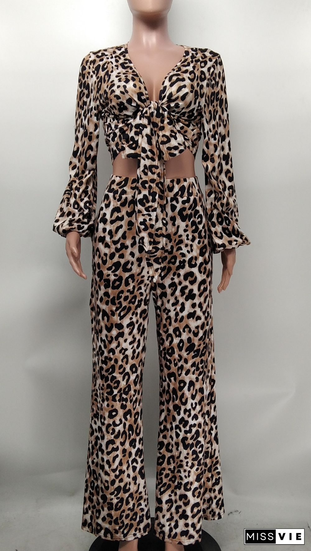 Fashion Leopard Print Wide Leg Pants Long Sleeve Two-piece Suit