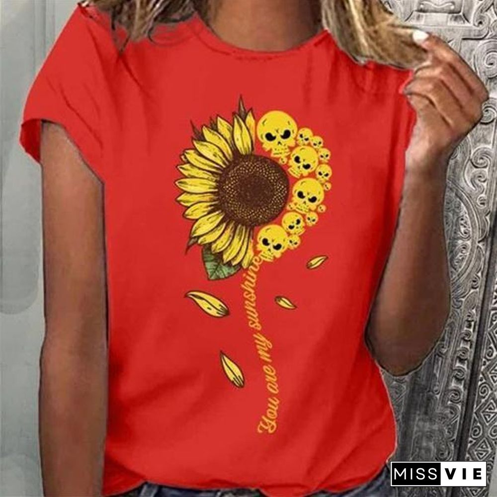 Summer Women Sunflower&Skull Pattern T-Shirt