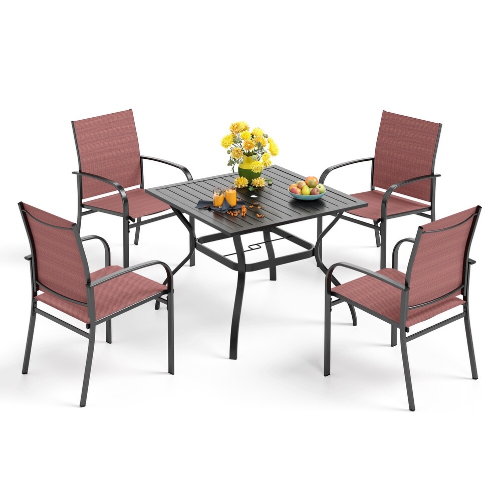 5 Piece Patio Dining Set  37 Inch Square Metal Table and 4 Textilene Dining Chairs