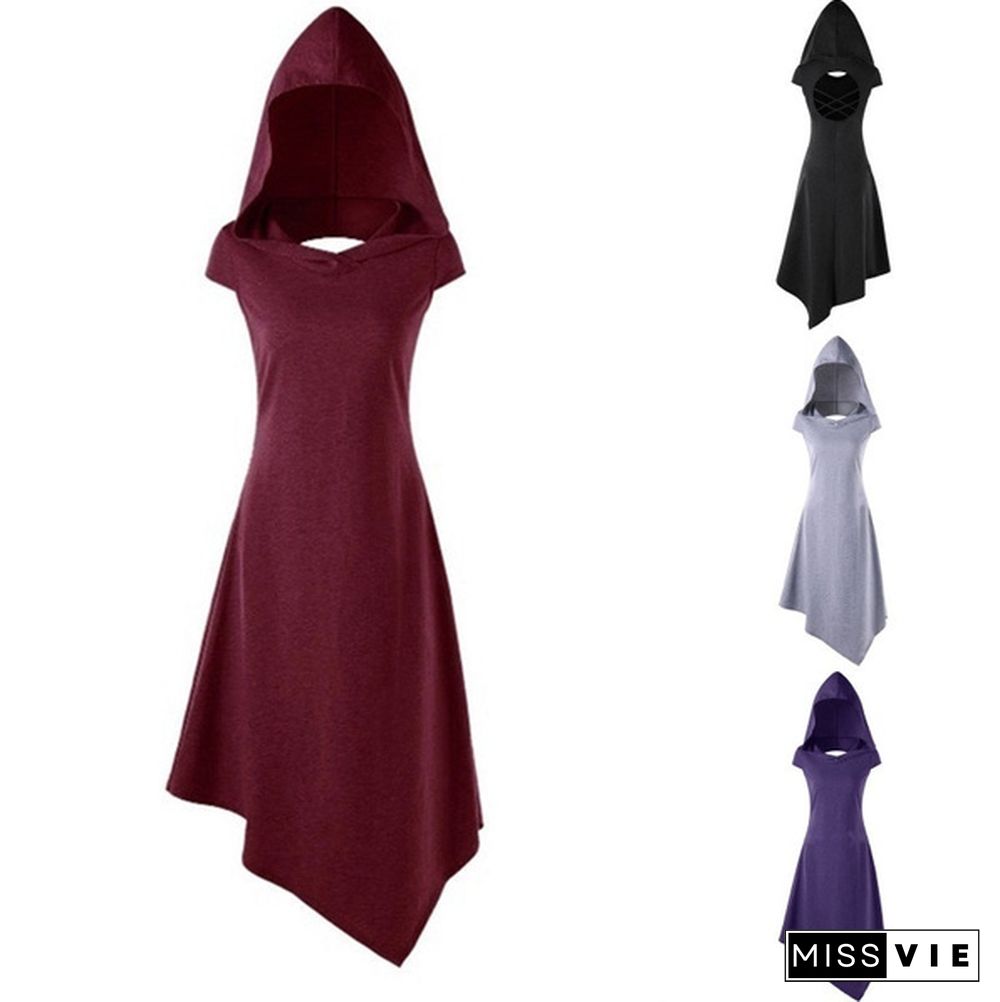 Gothic Medieval Style Women Hooded Criss Cross Irregular Handkerchief Dress Summer Casual Sleeveless Dress Asymmetrical Dresses