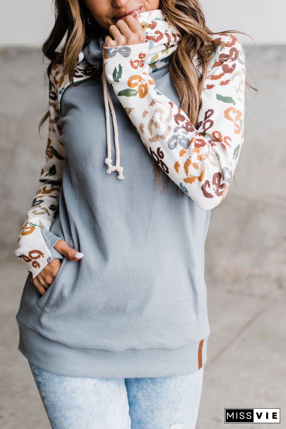 Gray Leopard Print Sleeve Patchwork Hoodie with Pocket