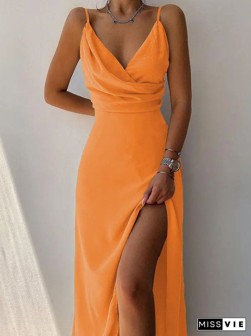 Women Sleeveless V-neck Graphic Solid Color Maxi Dress