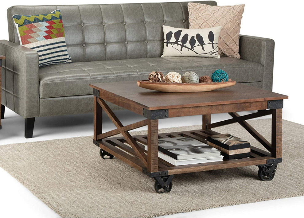 Industrial Coffee Table  Mango Top With X Sides  ampWheels  Distressed Dark Brown   Industrial   Coffee Tables   by Decor Love  Houzz