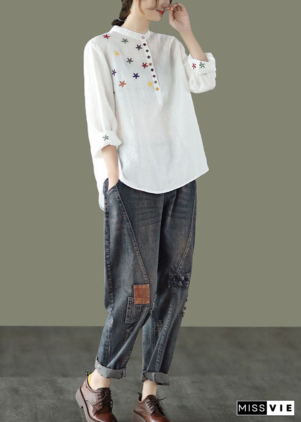 Women White Stand Collar Embroideried Linen Shirt Spring