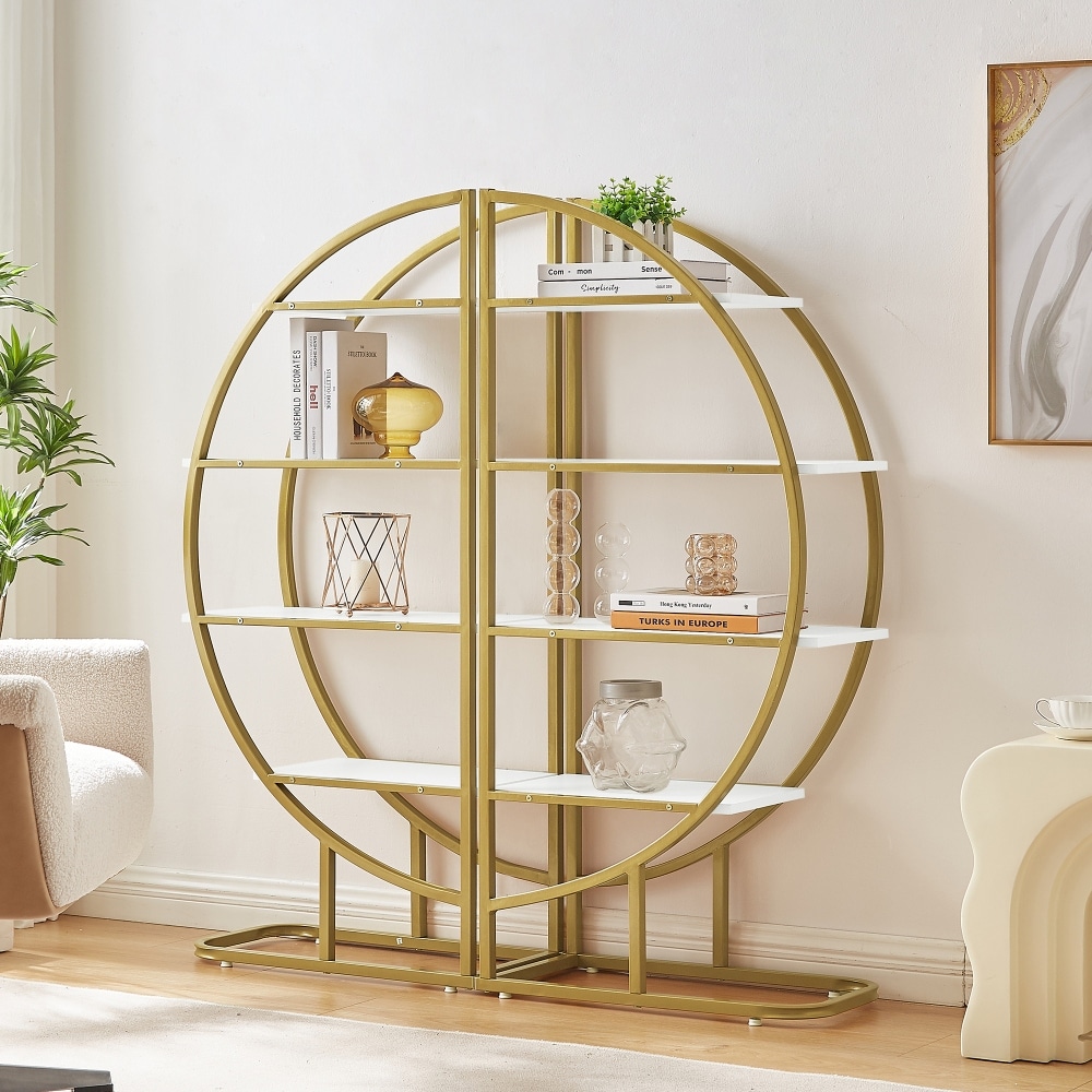 4 Tiers Home Office Round Shape Open Bookshelf Golden White