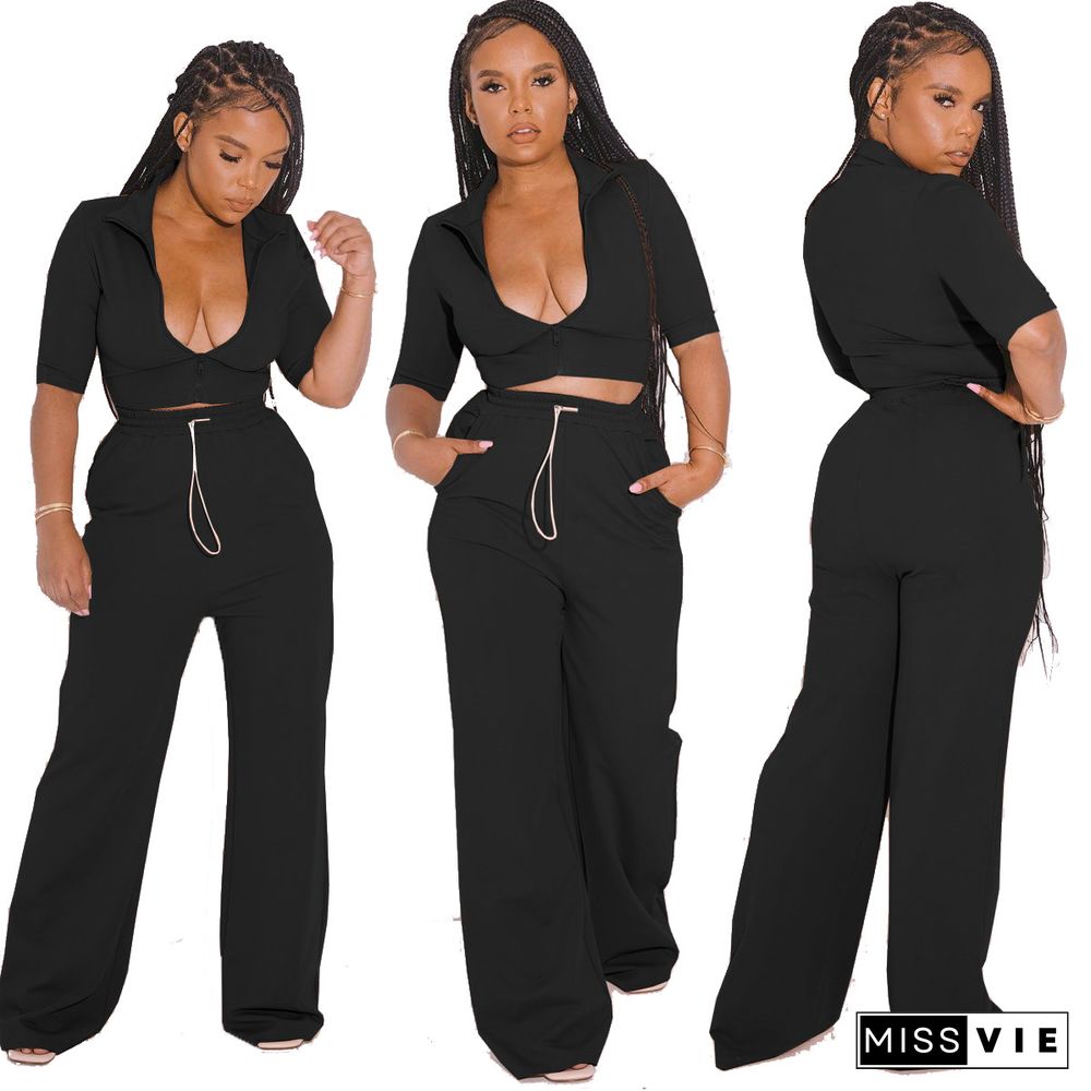 Zipper Short Sleeve Crop Top Wide Leg Pant Set