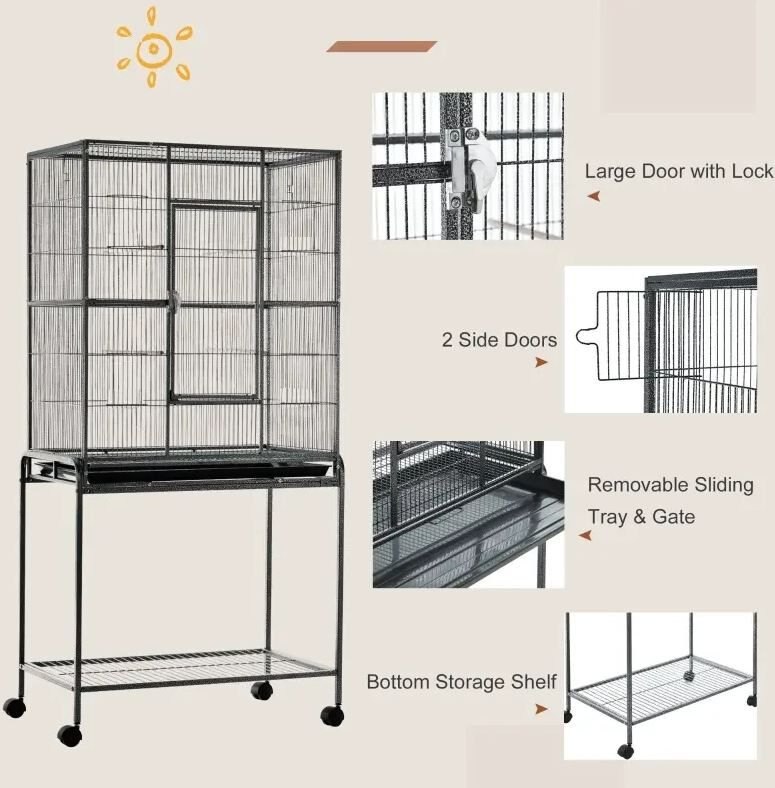 PawHut 65-in Double Rolling Metal Bird Cage， Black and Gray