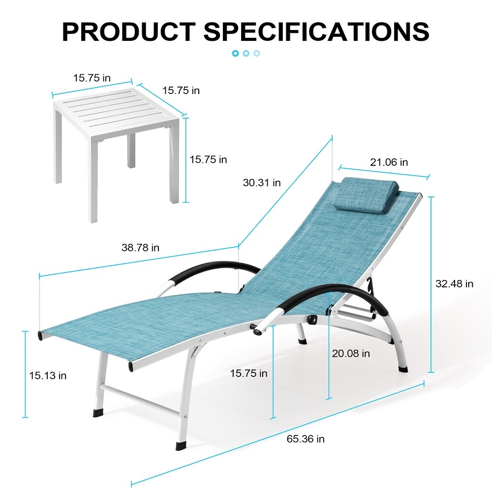 Crestlive Products Outdoor Aluminum Folding Adjustable Reclining Chaise Lounge Chairs and Table Set(Set of 3)