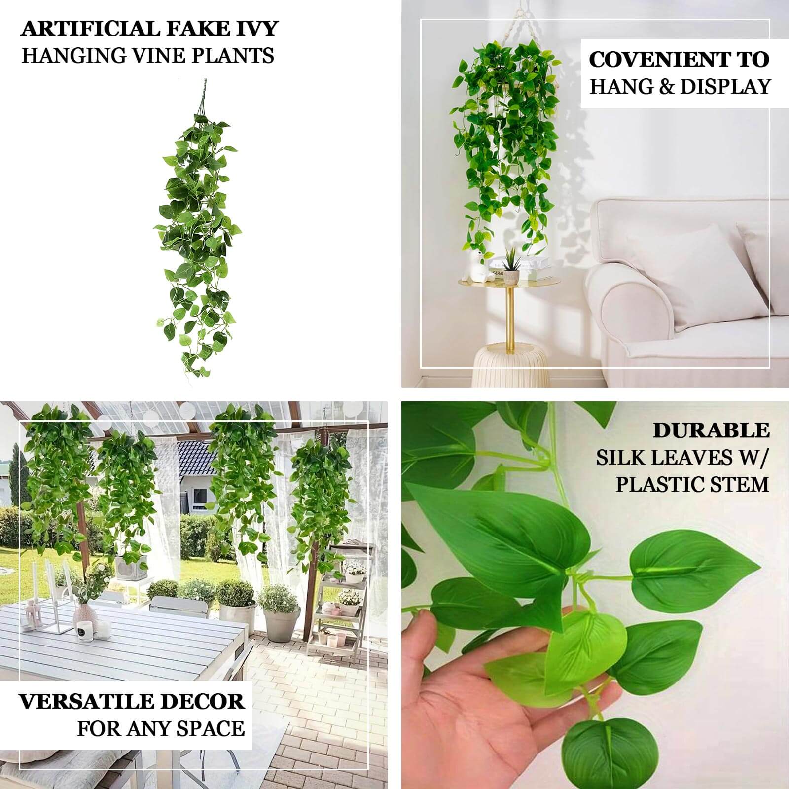 3 Pack Green Silk Pothos Artificial Hanging Plants, Fake Foliage Ivy Vine Garland Vines - 3ft