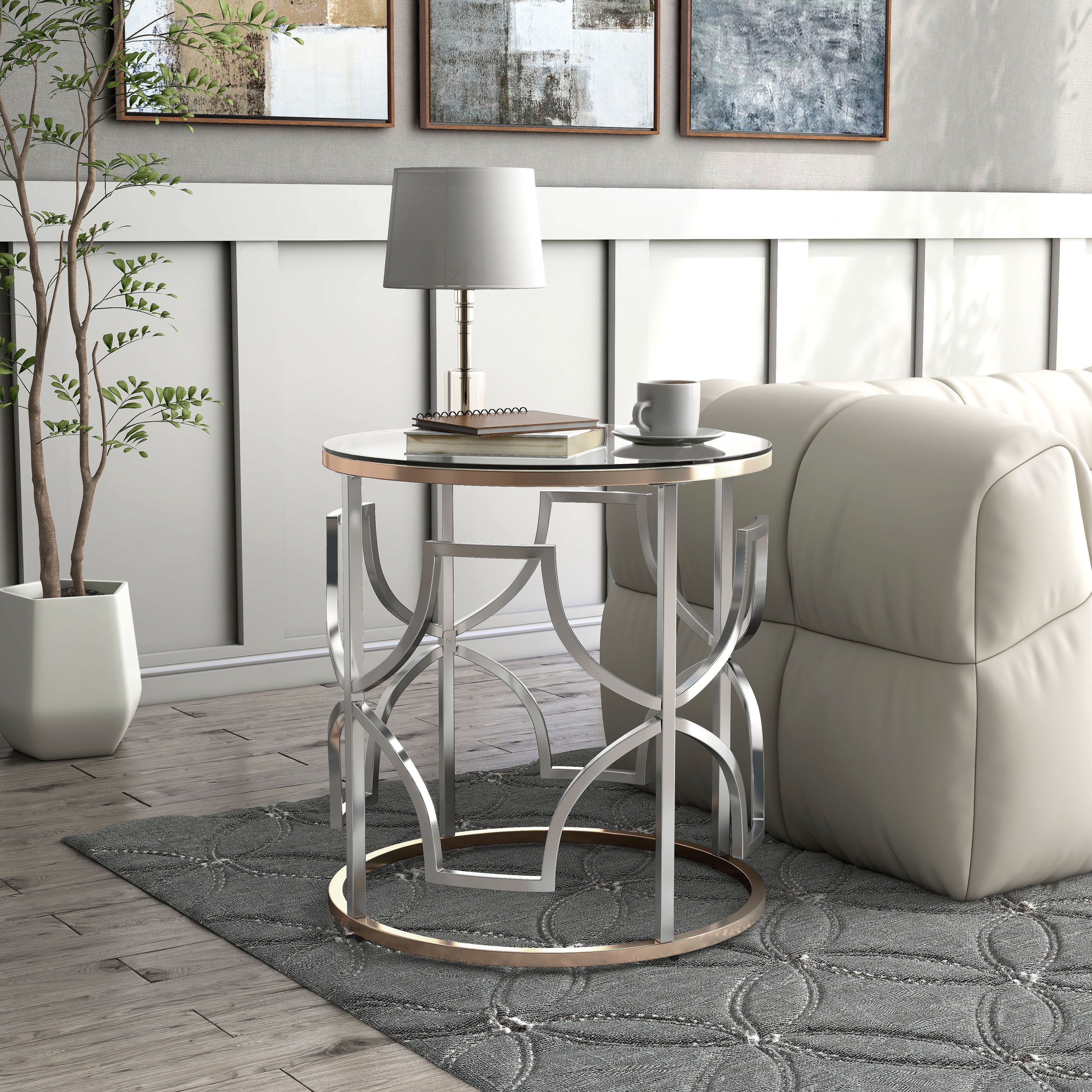 DH BASIC Modern Style Chrome and Gold Round Open End Table by Denhour