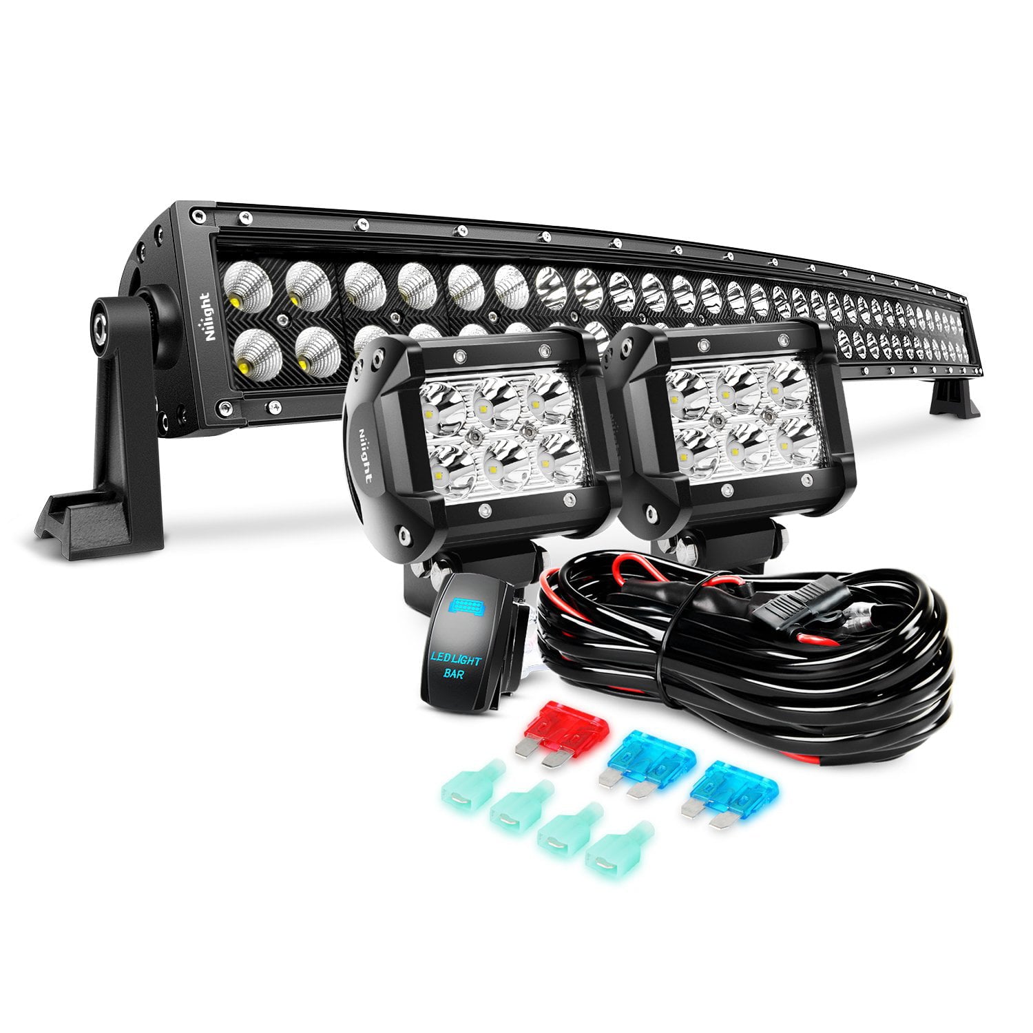 Nilight 32 Inch 180W Black Curved Work Light Spot Flood Combo LED Light Bar and 2PCS 4Inch 18W Spot LED Pods and Wiring Harness Kit for Rv Atv SUV Boat Jeep Lamp Off-road Lighting， 2 years Warranty