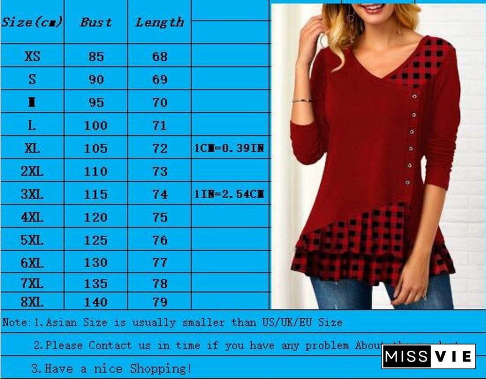 Womens Fashion Autumn Winter Clothes Causal Plaid Shirts V-neck Button Blouses Ladies Long Sleeved T-shirts Cotton Plus Size Tops