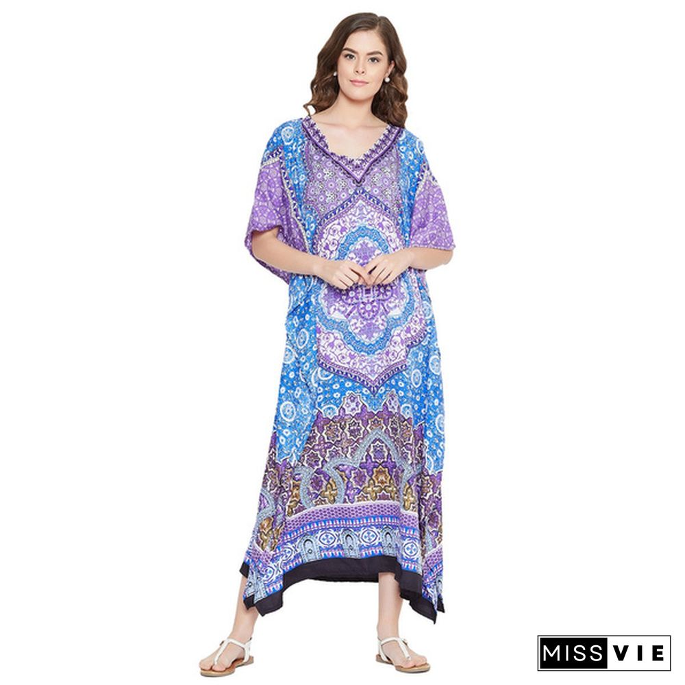 Polyester Kaftans Multiple Print Kimono Sleeves Boho Beach Cover Up Plus Size Lightweight Long Maxi Kaftan Dress