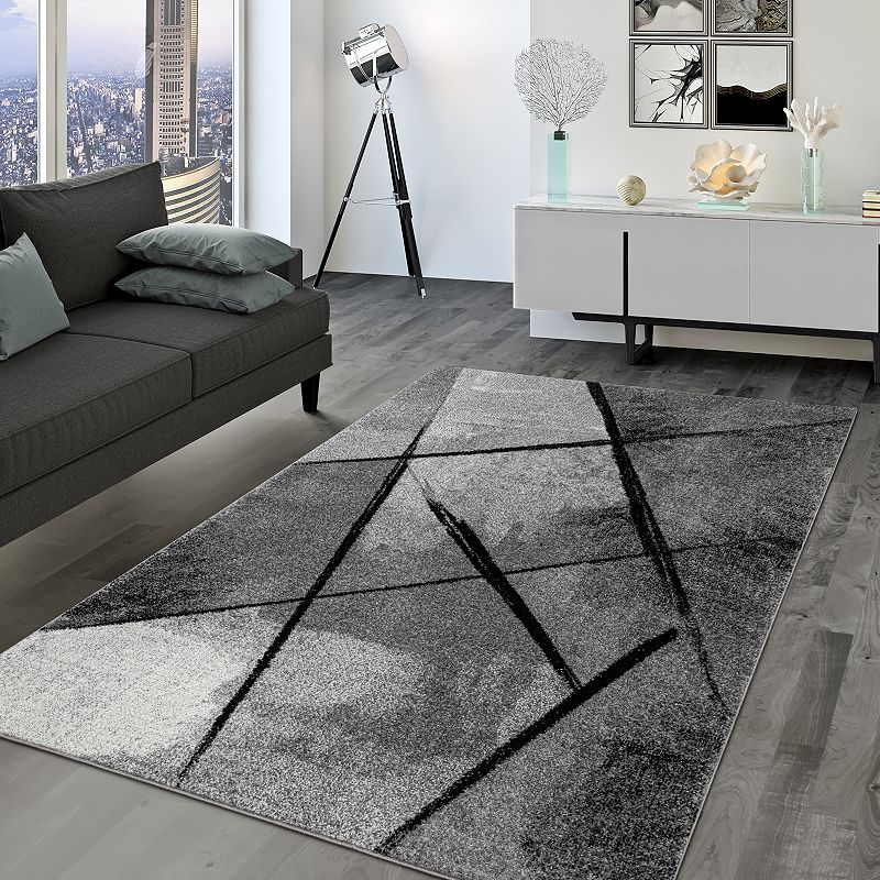 Modern Area Rug Abstract Black Stripes and Grey Shades