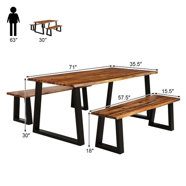 Gymax Picnic Table Set Acacia Wood 3 Piece Table Bench Outdoor Patio