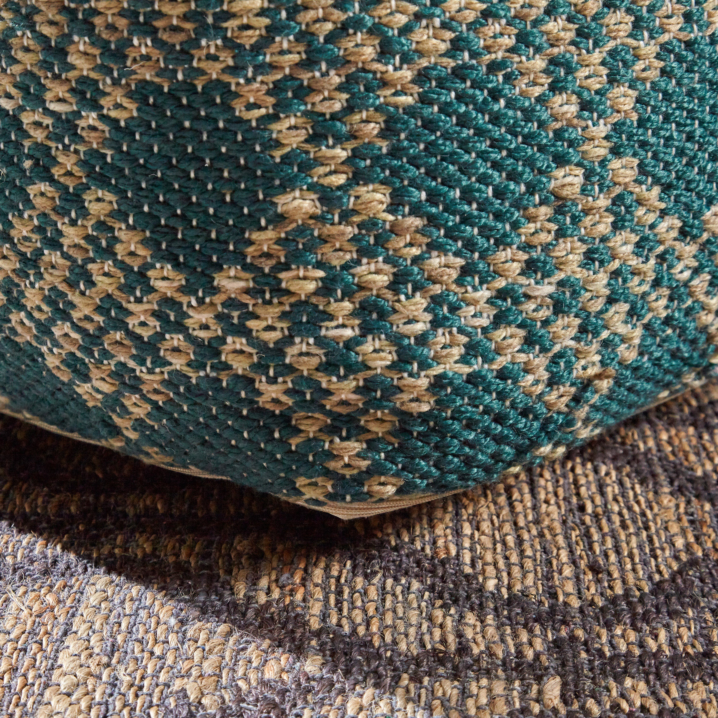 Betty Large Square Casual Pouf, Boho, Beige and Teal Yarn