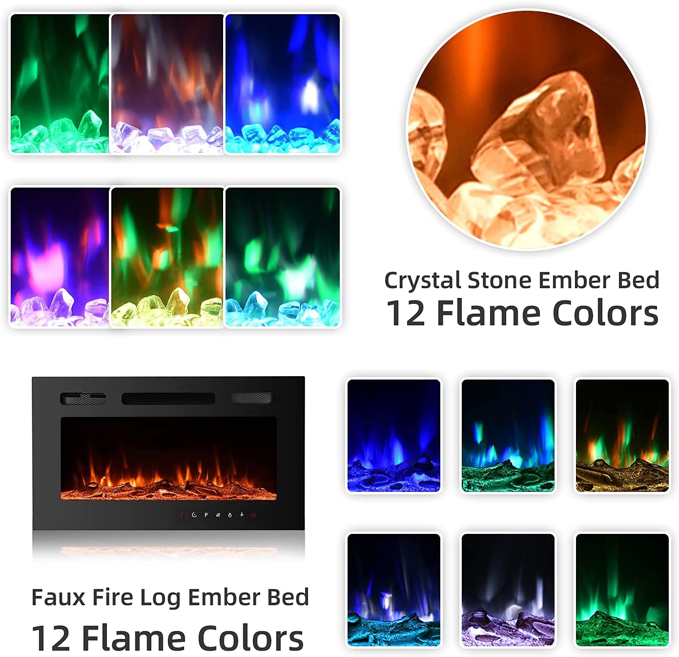 YOLENY 30 inch Electric Fireplace with Free Standing, Wall Mounted Fireplace Insert Heater with Touch Screen Control Panel, Recessed Electric Fireplace, 12 Color LED Flamer, 750/1500W