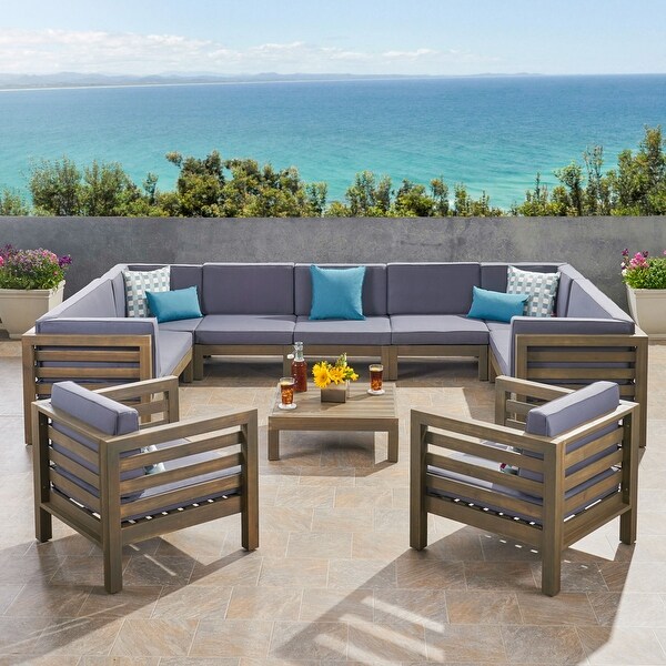 Oana Outdoor 11 Seater Acacia Wood Sectional Sofa and Club Chair Set by Christopher Knight Home