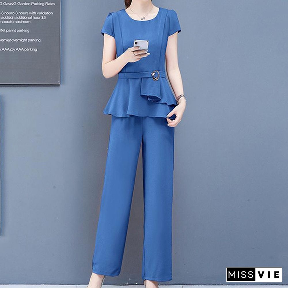 Summer 2 Two Piece Sets Outfits Women Plus Size Short Sleeve Tunics Tops And Pants Suits Office Elegant Korean Sets