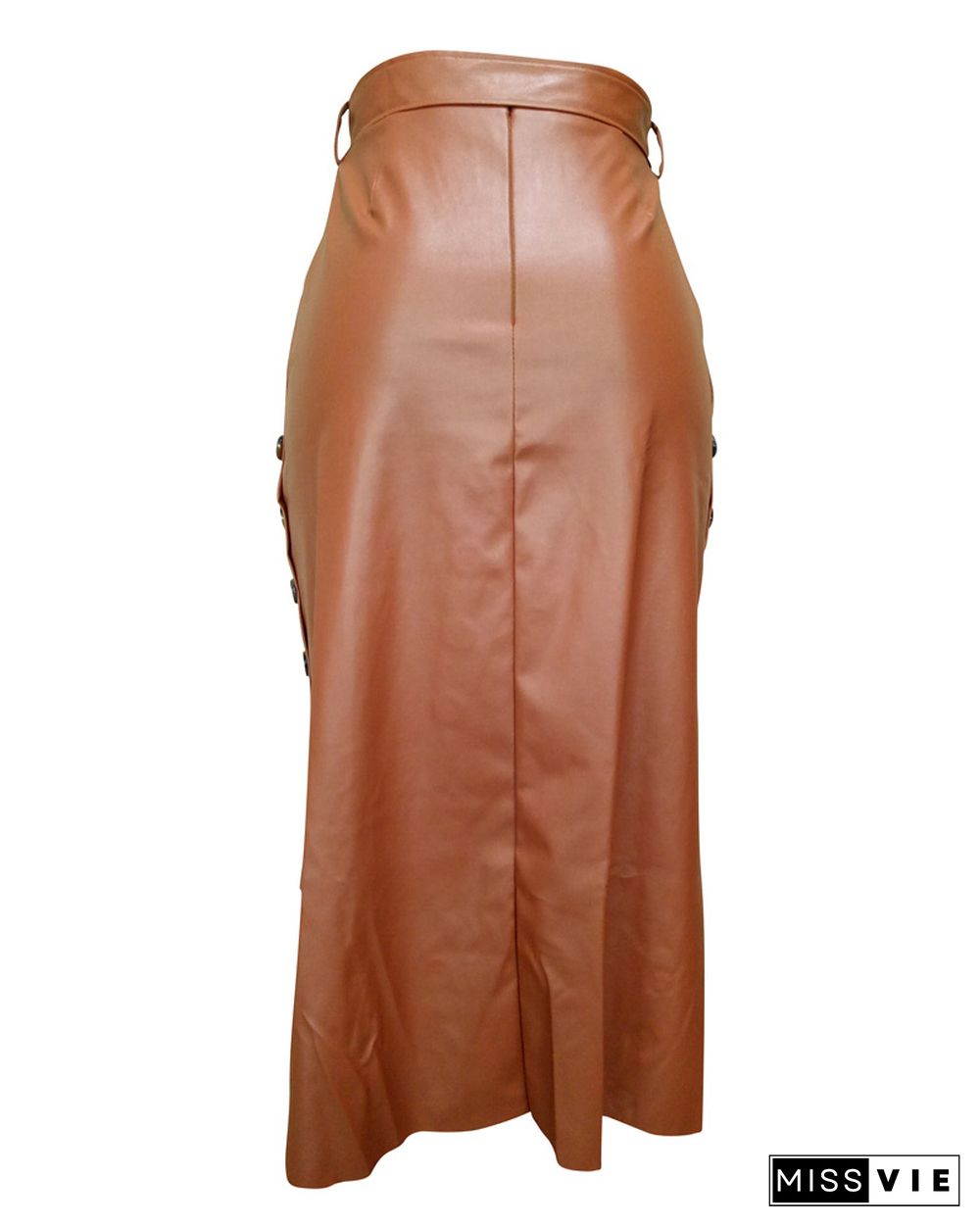 Buttoned Slit PU Leather Midi Skirt