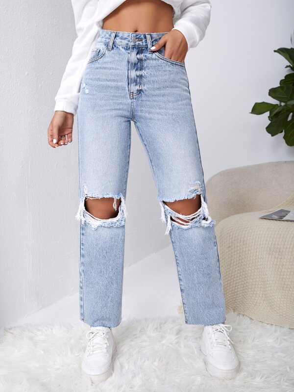 Ripped Raw Cut Straight Leg Jeans