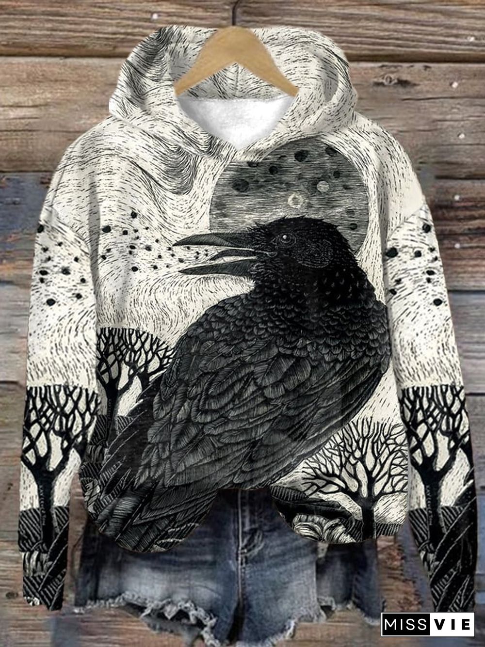 Women's Halloween Raven Pattern Art Print Casual Hoodie