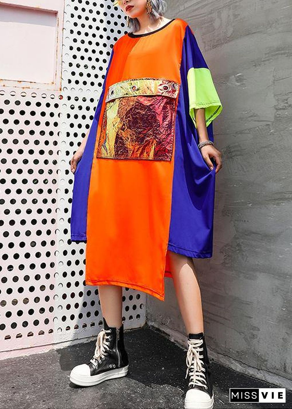 Unique orange blue patchwork chiffon For Women o neck asymmetric Maxi Summer Dress