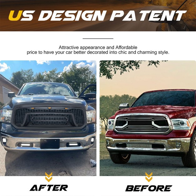 American Modified Rebel Grille Heavy Duty Front Grille Cover With Amber Led Lights Compatible With 2013 2018 Dodge Ram 1500 Truck Matte Black