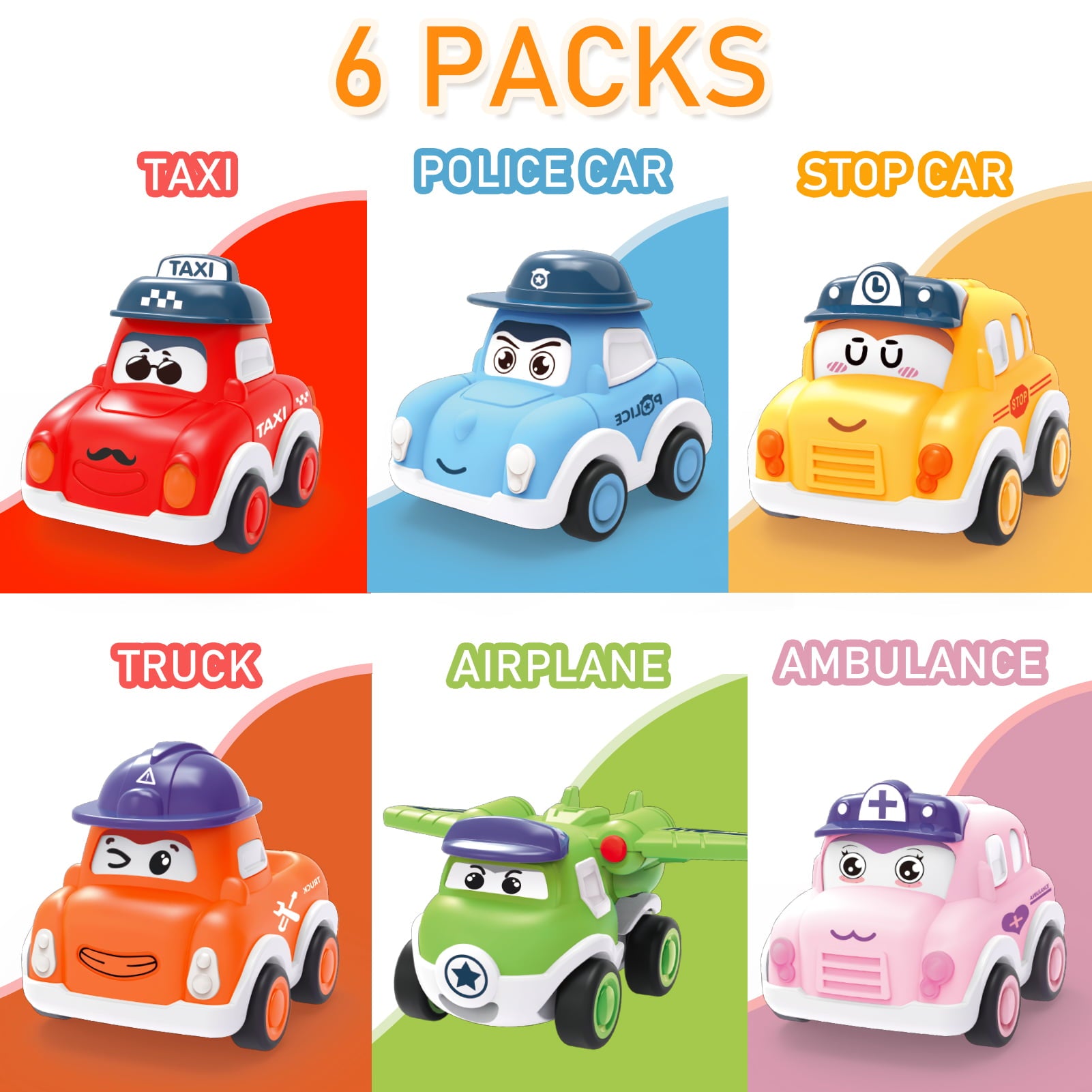 Toddler Pull Back Car Toys for 1 2 3 Years Old Boy Girl，6 Pieces Friction Powered Vehicles Push and Go Mini Car Set with Playmat Storage Bag，Baby Party Favors Birthday Gifts for Kids